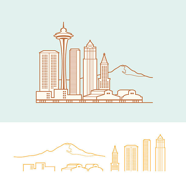 Seattle Stylized cityscape of Seattle. Background, fill, and city outline are on separate layers. Outlines on the top illustration is merged into one compound shape. Elements are separated out on the bottom. cityscape clipart stock illustrations