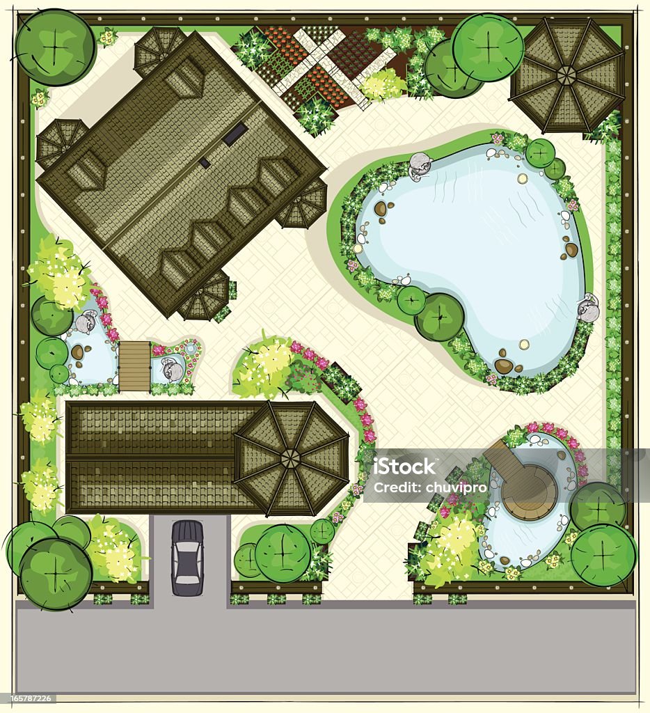 plan domu z pięknym ogrodzie, garaż, duży pond - Grafika wektorowa royalty-free (Teren zielony)