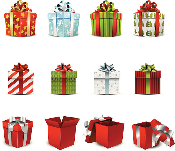 illustrations, cliparts, dessins animés et icônes de illustration vectorielle des différentes boîtes cadeau pour les fêtes - cadeaux de noël