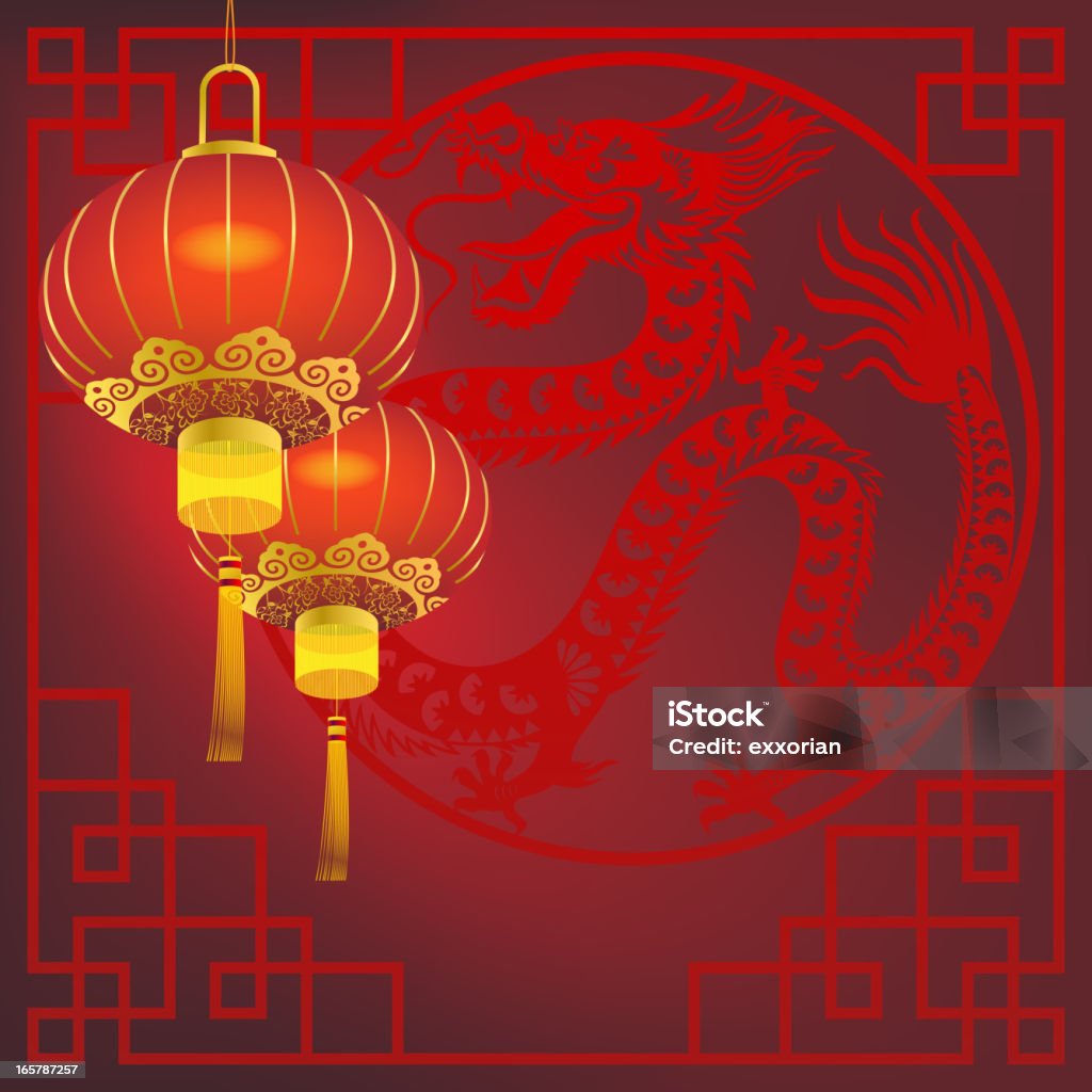 Red Lantern in Front of Chinese Dragon Frame Art Chinese New Year red lantern art for Year of the Dragon 2012 Chinese Dragon stock vector