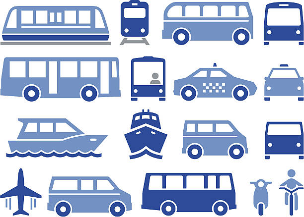 Public Transportation - Pro Series "Illustration of forms of public transportation. Includes trains, buses, boats, vans and more. Professional icons for your print project or Web site. See more in this series." bus transportation stock illustrations