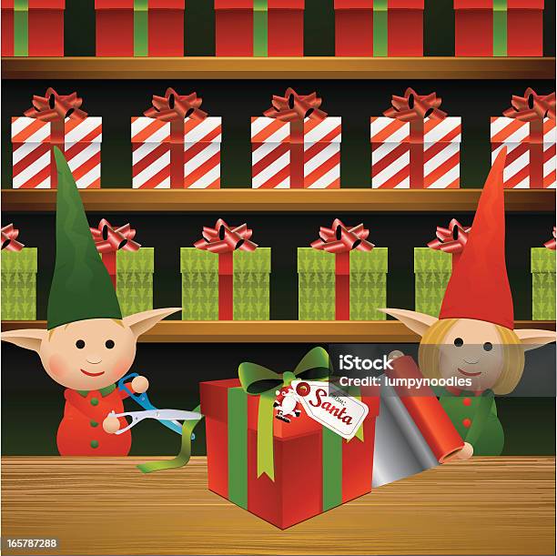 Gift Wrapping Elves Stock Illustration - Download Image Now - Workshop, Santa Claus, Elf