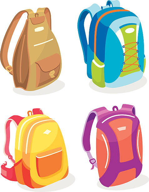 Set of 4 vector illustrations of colorful backpacks Set of Back to School bags and travel bag variation. Derived from my artwork with high resolution jpg. More Education Series Lightbox satchel bag stock illustrations