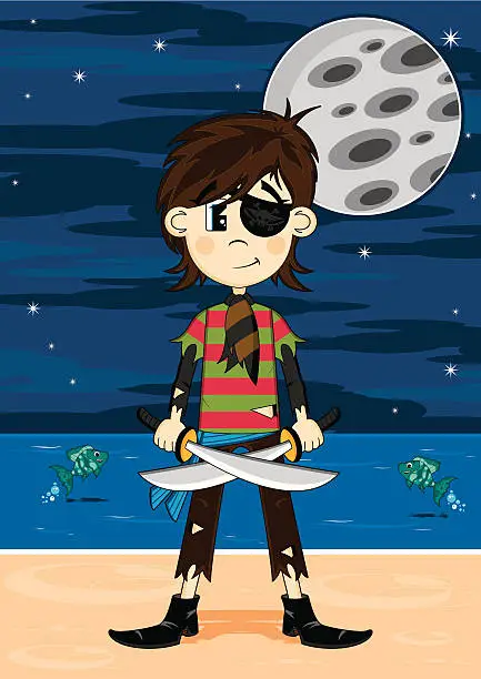Vector illustration of Cute Little Eyepatch Pirate on Beach