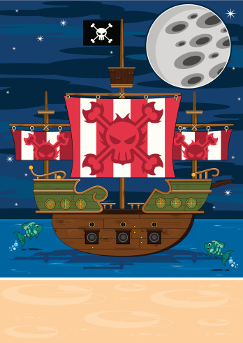 Vector Illustration of a Pirate ship anchored off shore.