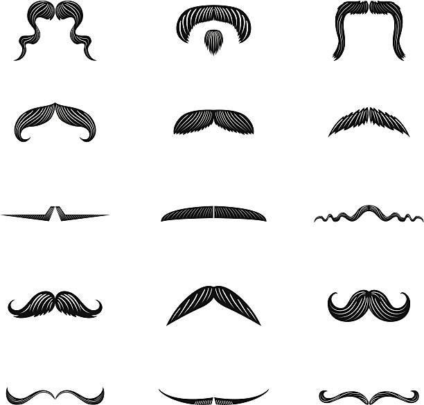 набор из 15 мужские усы иллюстрации иконки в плоский цвета - длинные усы stock illustrations