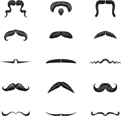 Set of Fifteen different styles of Men's Moustache Illustration Icons in flat colors. Flat colors. No gradients, clipping masks or other effects. Individually grouped. Moustaches are done in black and white silhouette isolated on a white background. 