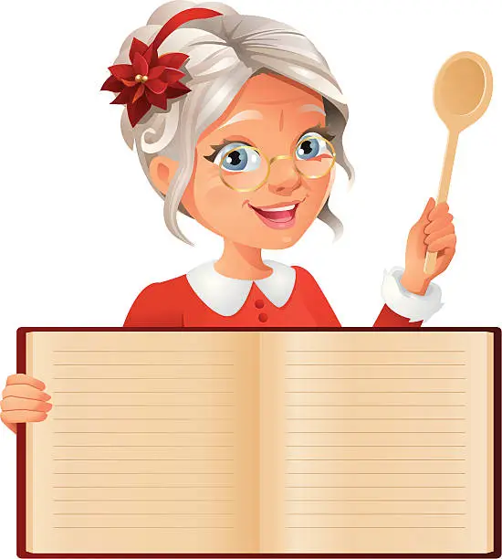 Vector illustration of Cute modern Mrs. Claus behind blank Cookbook holding wooden spoon