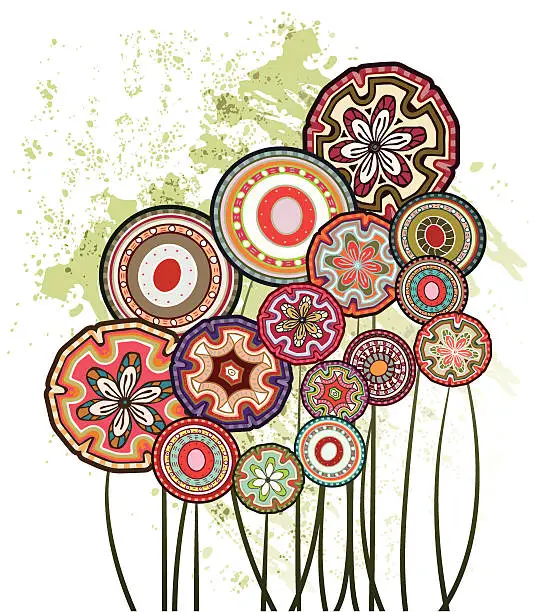 Vector illustration of Mexican forest with circular flowers