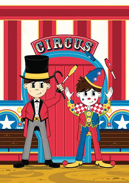Vector illustration of Cute Circus Ringmaster and Clown