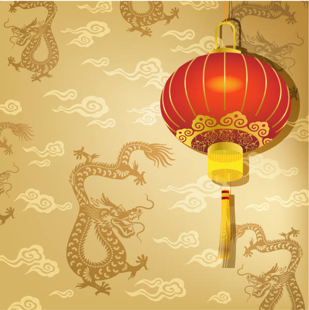 ilustraciones, imágenes clip art, dibujos animados e iconos de stock de dragón chino linterna sobre fondo rojo - asian culture dragon textile symbol