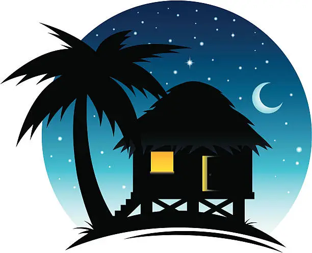 Vector illustration of Tropical Hut at Night