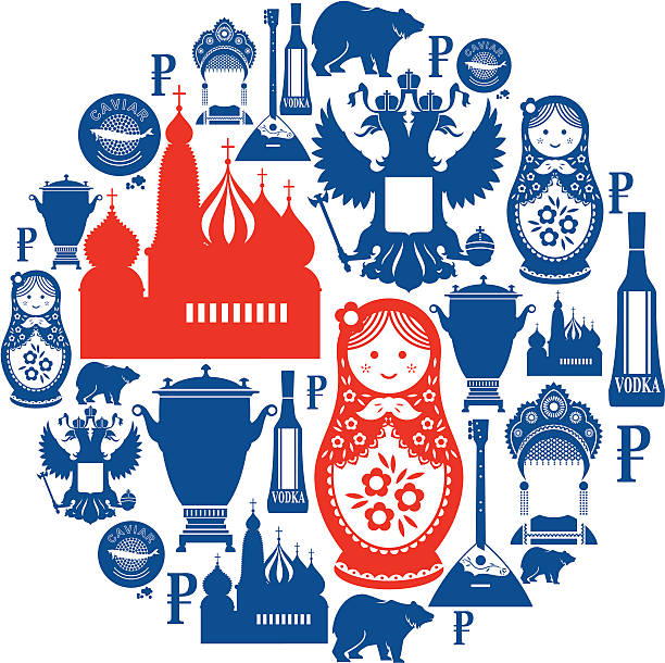 russische symbol montage - russian nesting doll doll matrioska russian culture stock-grafiken, -clipart, -cartoons und -symbole