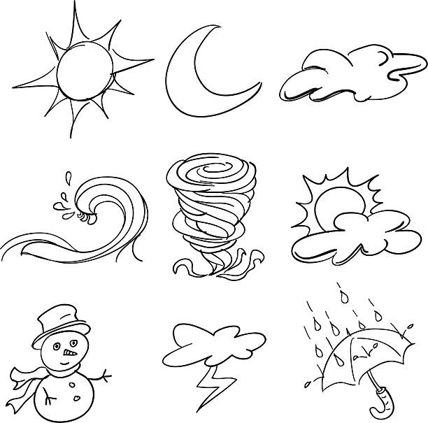 ilustraciones, imágenes clip art, dibujos animados e iconos de stock de clima colección de iconos en blanco y negro - cloud drawing heat cold