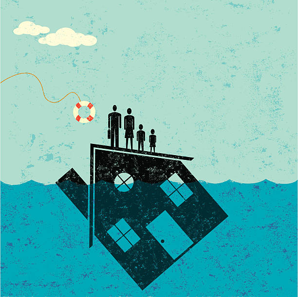 Underwater Home Mortgage Help "A family floating on their house, which is partially underwater in the ocean, about to be saved by a life preserver." survival illustrations stock illustrations