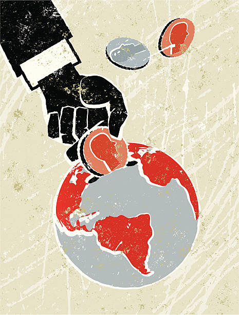 Hand Putting Coins in an Earth Money Box Save the Earth! A stylized vector cartoon of a hand putting coins in an Earth shaped money Box,reminiscent of an old screen print poster and suggesting Global Banking, saving the earth,  economics, savings, or global crisis. The Earth, plaster, paper texture, crack and background are on different layers for easy editing. Please note: clipping paths have been used, an eps version is included without the path. climate change money stock illustrations