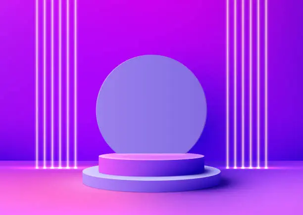 Vector illustration of Minimalist Interior Showcase. 3D Podium Steps on Pink Floor with Neon Lights