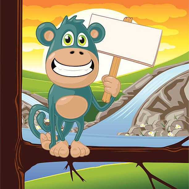 monkey trzyma znak puste - waterfall cartoon tropical rainforest vector stock illustrations