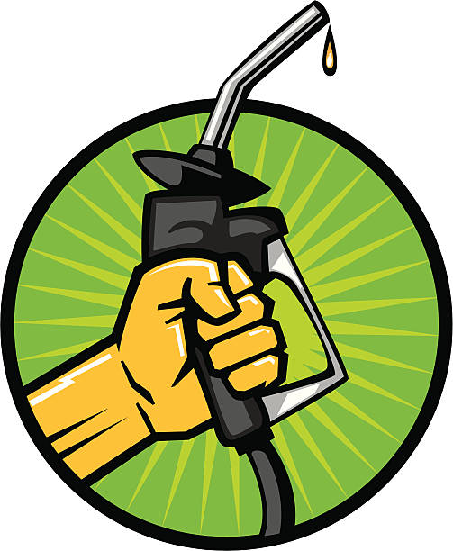 green gas pump hand holding a gas pump with a green background gas pump hand stock illustrations