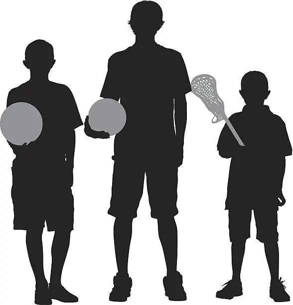 Vector illustration of Silhouette of three boys with sports equipments