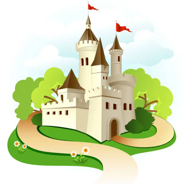 Vector illustration of Illustrated castle with trees and sky