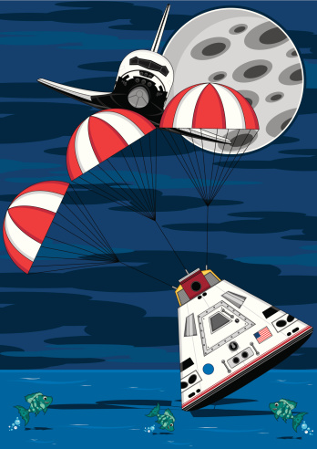 Vector illustration of a Space Capsule splashing down in the sea by night.