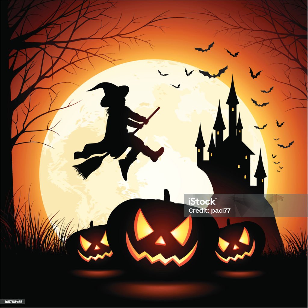 Halloween Witch Girl Little girl witch flying on broom. Halloween stock vector