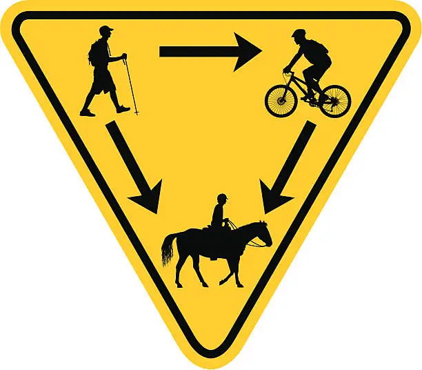 Vector illustration of Rules of the Trail Yield Sign Hiker, Biker, Horse Rider