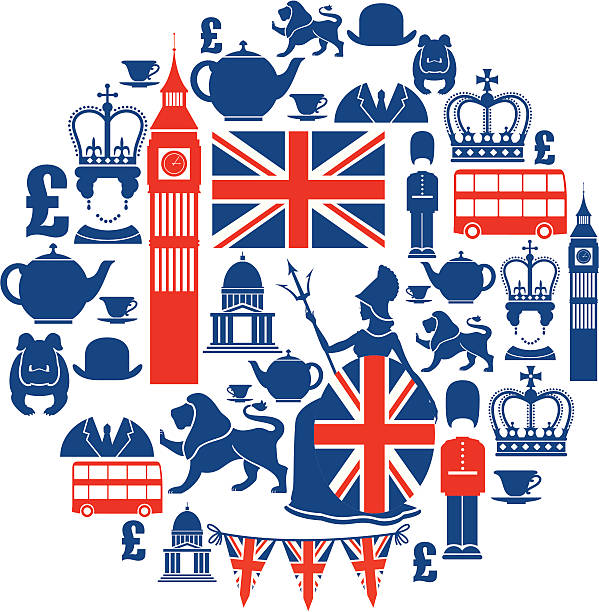 illustrazioni stock, clip art, cartoni animati e icone di tendenza di set di icone a tema britannica in blu e rosso - english bulldog