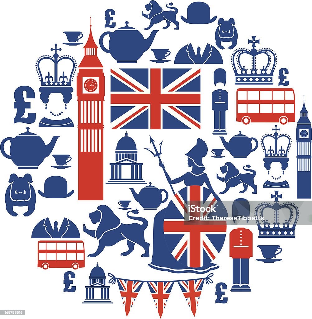 Conjunto de ícones de tema britânico em azul e vermelho - Vetor de Londres - Inglaterra royalty-free