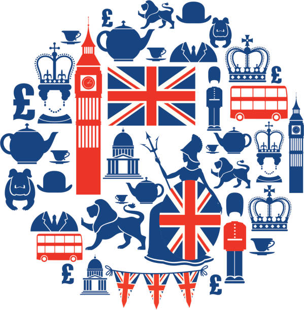 Set of British themed icons in blue and red A set of British themed icons. See below for a repeat pattern version of this file and more British themed images. city of london flag stock illustrations