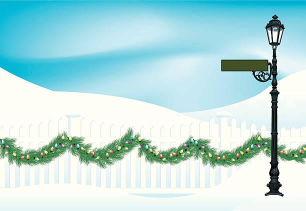 Winter Scene Background - Christmas Garland & Street Light Winter Scene Background. Tight illustration of an old-fashioned street light. Drop in over a photo or use it as a design element. Add your own street name. Check out my "Winter Wonderland" light box for more. street light road sign old fashioned lantern stock illustrations