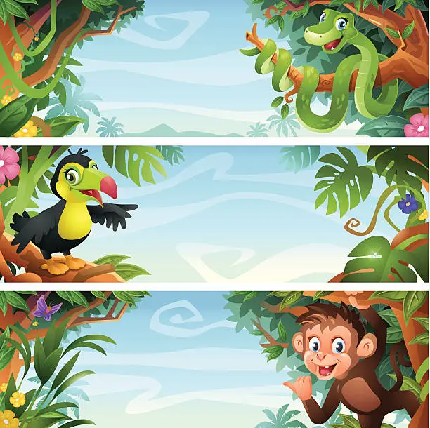 Vector illustration of Vector Jungle Banner with Wild Animals Snake, Tucan and Monkey