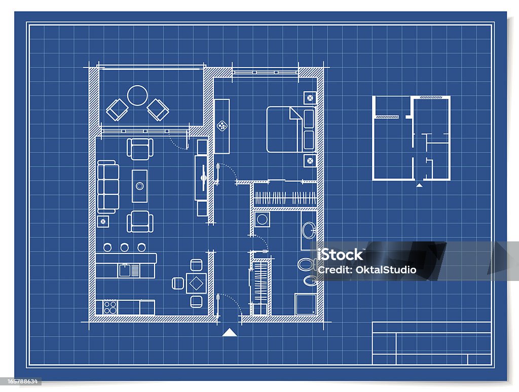 Apartment in Blueprint Floor plan of an apartment, with a hallway, living room, kitchen, bedroom, balcony, bathroom and wardrobe. Blueprint stock vector