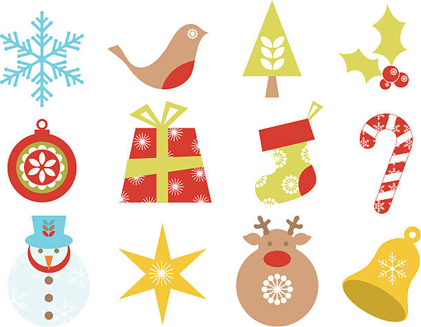 рождественский набор иконок - bird christmas holly christmas stocking stock illustrations