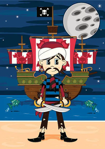Vector illustration of Cute Pirate and Ship Beach Scene