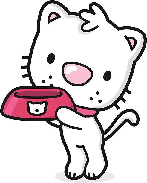 Vector illustration of cartoon cat with an empty food bowl wants to eat