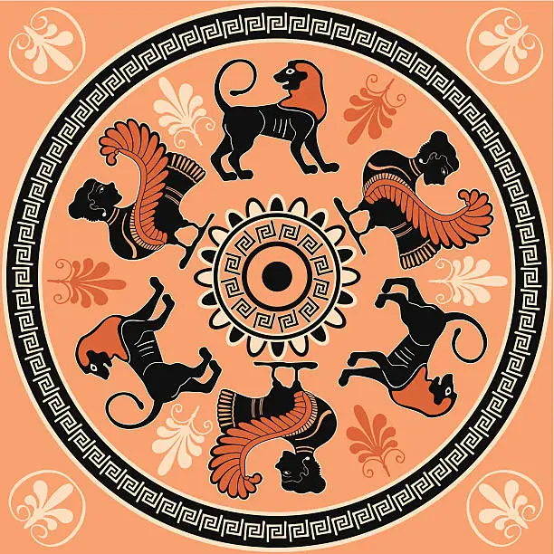 Vector illustration of Greek ornament Sirens and Lions Round pattern