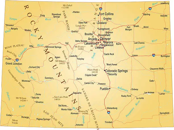 Vector illustration of Close-up of a paper map of Colorado