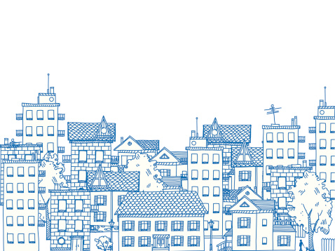 Line drawing of a city with many apartment buildings and private houses. Left half.