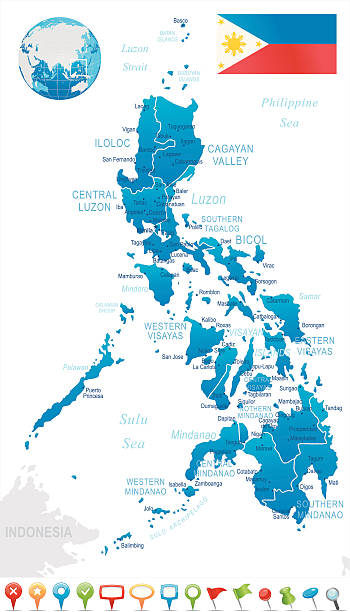 illustrazioni stock, clip art, cartoni animati e icone di tendenza di filippine-regioni, città e icone di navigazione - philippines map