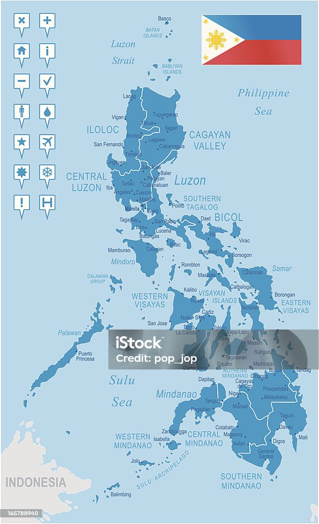 Filipinas em regiões, cidades e ícones de navegação - Vetor de Azul royalty-free