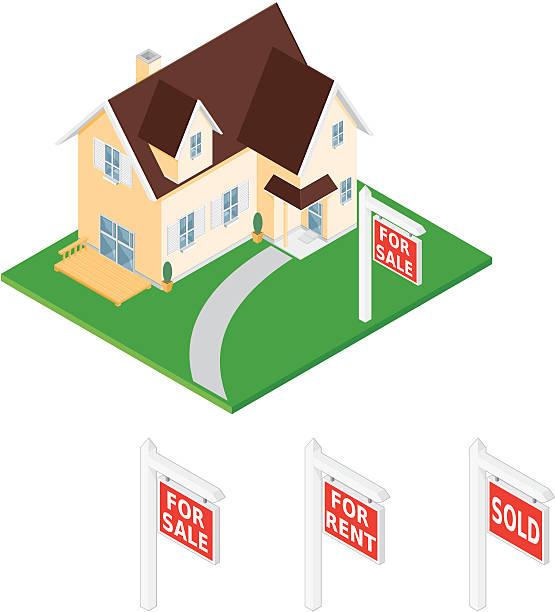 House for sale. An isometric vector illustration of a modern home with various signs for, sold, rent and for sale. modern house driveway stock illustrations
