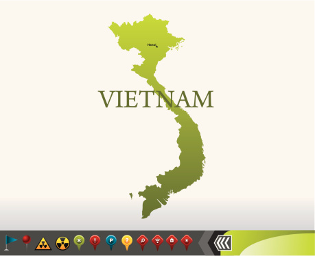 Vietnam map with silhouette and GPS icons