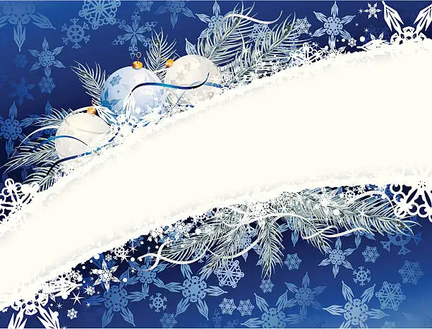 Vector illustration of Christmas Background Blue. with Frost and baubles horizontal