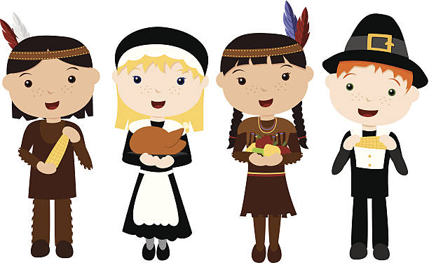 귀여운 pilgrims 및 인디언스 - thanksgiving pilgrim turkey little girls stock illustrations
