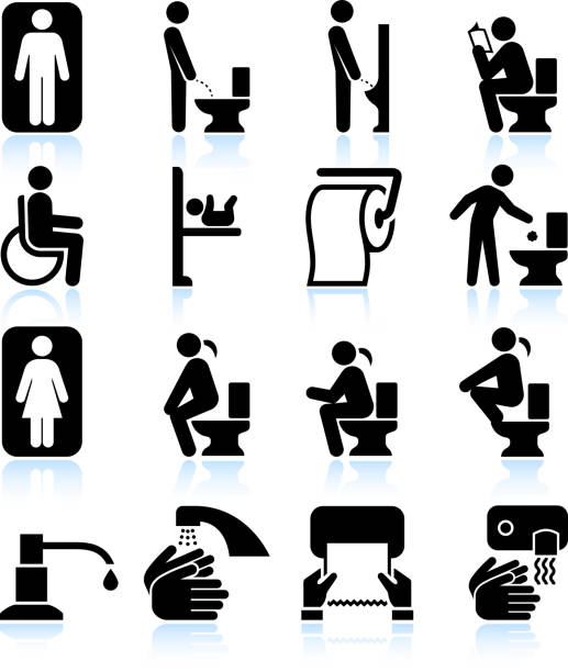 kamar mandi kamar kecil fasilitas dan tanda-tanda set ikon hitam & putih - toilet umum ilustrasi ilustrasi stok