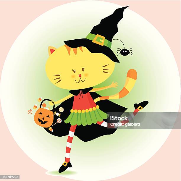 Ilustración de Kitty En Halloween y más Vectores Libres de Derechos de Animal - Animal, Bruja, Calabaza gigante
