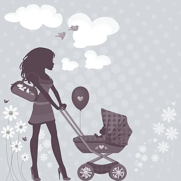 Vector illustration of Silhouette Mom and Baby in Pram