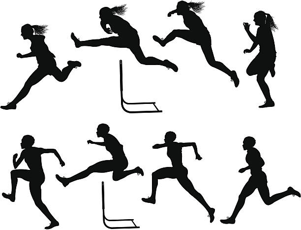 illustrations, cliparts, dessins animés et icônes de haies race track meet, femme - athlete muscular build hurdle motivation